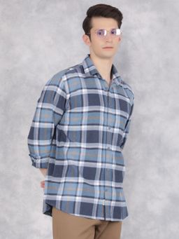 CRIMSOUNE CLUB - Men Blue Cotton Checked Shirt