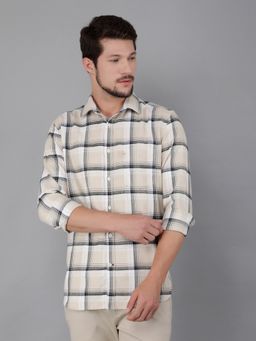 CRIMSOUNE CLUB - Men Beige Cotton Checked Shirt