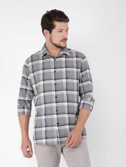 CRIMSOUNE CLUB - Men Grey Cotton Checked Shirt