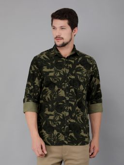 CRIMSOUNE CLUB - Men Olive Cotton Printed Shirt
