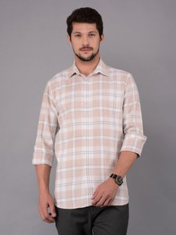 CRIMSOUNE CLUB - Men Beige Cotton Checked Shirt