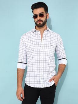 CRIMSOUNE CLUB - Men White Cotton Checked Shirt
