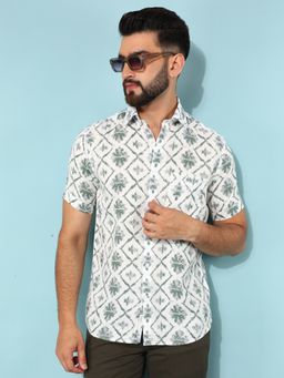 CRIMSOUNE CLUB - Men Green Floral Print Linen Shirt