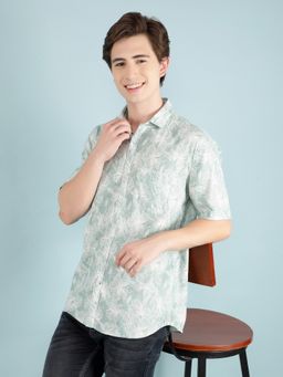 CRIMSOUNE CLUB - Men Green Floral Print Linen Shirt