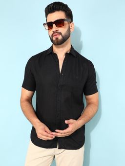 CRIMSOUNE CLUB - Men Black Solid Linen Shirt
