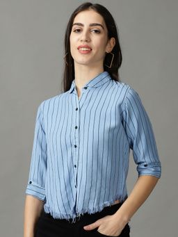 SHOWOFF - Womens Club Collar Striped Blue Shirt