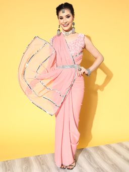 Akhilam - Women's Georgette Pink Embellished Belted Sarees with Unstitched Blouse