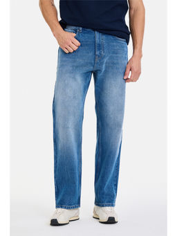 Snitch - Blue Cotton Mid Waist Straight Fit Solid Jeans