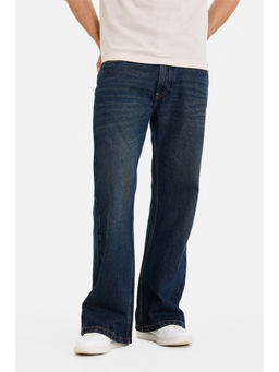 Snitch - Blue Cotton Mid Waist Wide Relaxed Fit Solid Jeans