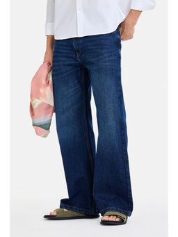 Snitch - Blue Cotton Mid Waist Wide Relaxed Fit Solid Jeans