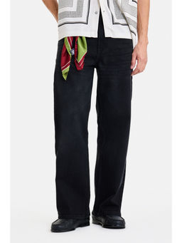 Snitch - Black Cotton Mid Waist Wide Straight Fit Solid Jeans