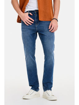 Snitch - Blue Cotton Blend Mid Waist Straight Slim Fit Solid Jeans