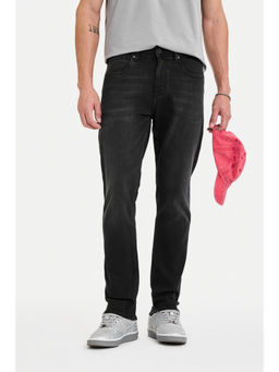 Snitch - Charcoal Cotton Blend Mid Waist Straight Slim Fit Solid Jeans