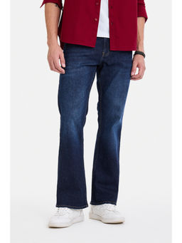 Snitch - Blue Cotton Blend Mid Waist Wide Regular Fit Solid Jeans