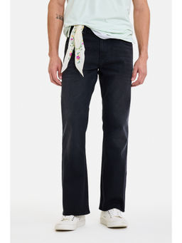 Snitch - Black Cotton Blend Mid Waist Wide Regular Fit Solid Jeans