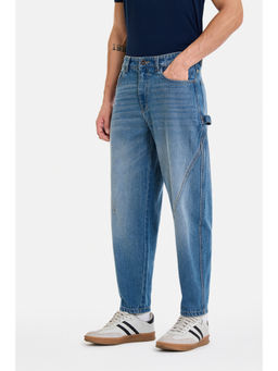 Snitch - Blue Cotton Mid Waist Straight Relaxed Fit Solid Jeans