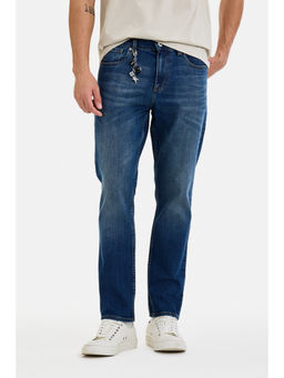 Snitch - Blue Cotton Blend Mid Waist Straight Slim Fit Solid Jeans