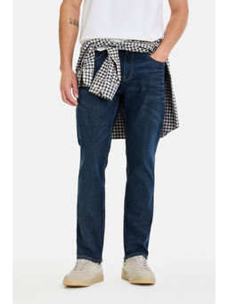 Snitch - Blue Cotton Blend Mid Waist Straight Slim Fit Solid Jeans