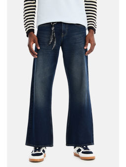 Snitch - Navy Blue Cotton Mid Waist Wide Relaxed Fit Solid Jeans