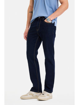Snitch - Navy Blue Cotton Blend Mid Waist Straight Fit Solid Jeans