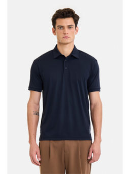 Snitch - Navy Blue Nylon Elastane Half Sleeves Collar Neck Solid Polo T-Shirt