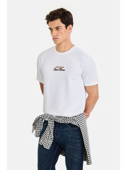 Snitch - White Cotton Half Sleeves Crew Neck Textured T-Shirt