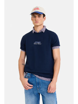 Snitch - Navy Blue Cotton Half Sleeves Crew Neck Textured T-Shirt