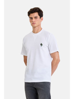 Snitch - White Cotton Blend Half Sleeves Crew Neck Textured T-Shirt