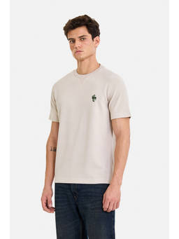 Snitch - Beige Cotton Blend Half Sleeves Crew Neck Textured T-Shirt