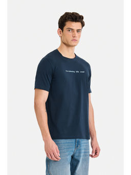 Snitch - Navy Blue Cotton Blend Half Sleeves Crew Neck Typography T-Shirt