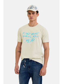 Snitch - Beige Cotton Blend Half Sleeves Crew Neck Typography T-Shirt