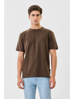 Snitch - Brown Cotton Half Sleeves Crew Neck Solid T-Shirt