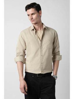 Peter England - Beige Cotton Blend Full Sleeves Collar Neck Solid Shirt