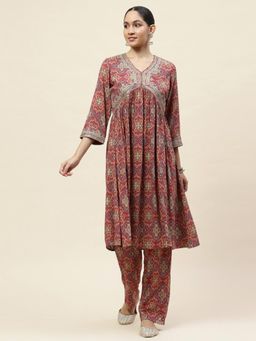 Lakshita - Ethnic Printed Rayon Zari Embroidery Flared Kurta with Pant (Set of 2)