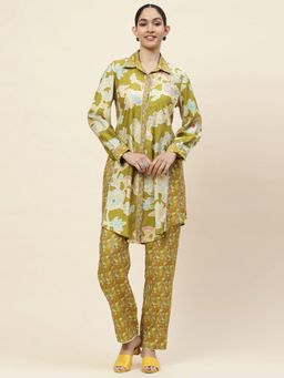 Lakshita - Green Floral Printed Chanderi A-Line Kurta & Pant (Set of 2)