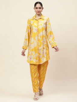 Lakshita - Mustard Floral Printed Chanderi A-Line Kurta & Pant (Set of 2)