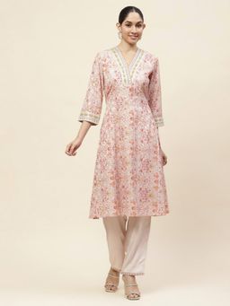 Lakshita - Orange Printed Chanderi Jacquard A-Line Zari Embroidery Kurta & Pant (Set of 2)