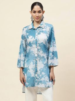 Lakshita - Blue Printed Schiffli Cotton High-Low Straight Kurta