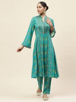 Lakshita - Ethnic Printed Green Colour Mirror Work Flared Rayon Kurta & Pant (Set of 2)