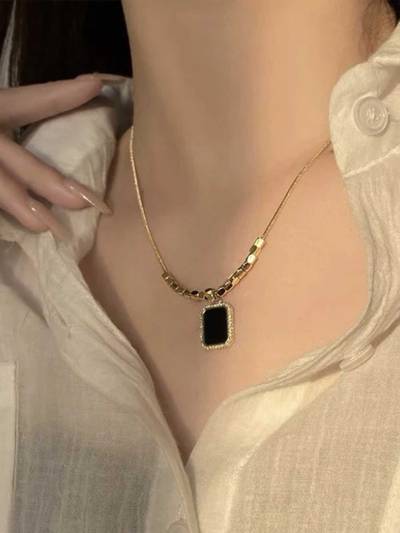 Clavicle Gemstone Bar Necklace -18K Gold Plated Titanium Steel