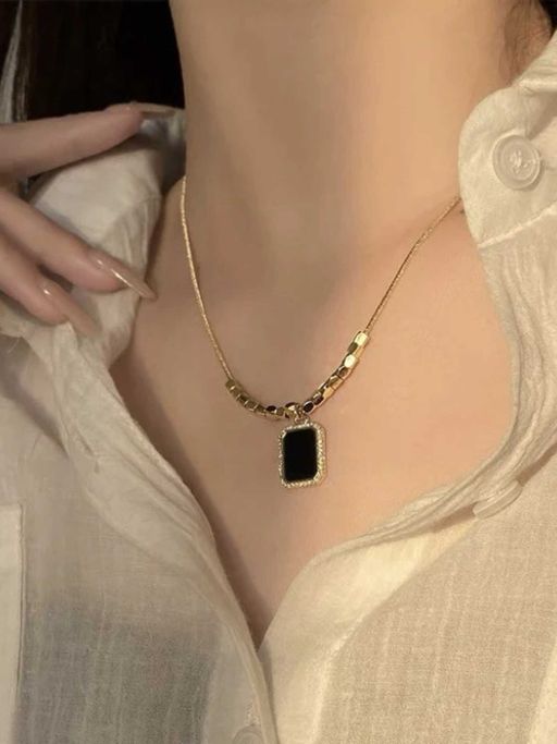 ZAISHA Clavicle Gemstone Bar Necklace -18K Gold Plated Titanium Steel