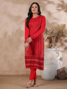 ISHIN - Red Jacquard Style Ethnic Motifs Straight Winterwear Kurta