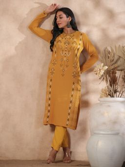 ISHIN - Mustard Jacquard Style Geometric Straight Winterwear Kurta