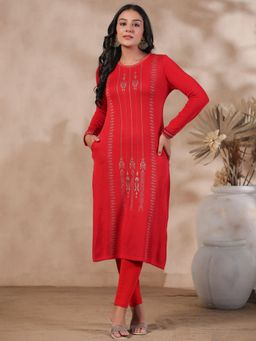 ISHIN - Red Jacquard Style Ethnic Motifs Straight Winterwear Kurta