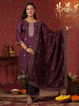 ISHIN - Poly Silk Ethnic Motifs Zari Purple Straight Kurta with Palazzo & Dupatta (Set of 3)