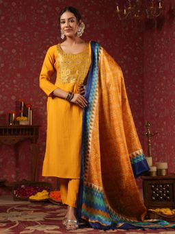 ISHIN - Poly Silk Yoke Design Mustard Straight Kurta with Pant & Dupatta (Set of 3)
