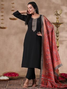 ISHIN - Poly Silk Yoke Design Zari Work Black Straight Kurta with Pant & Dupatta (Set of 3)