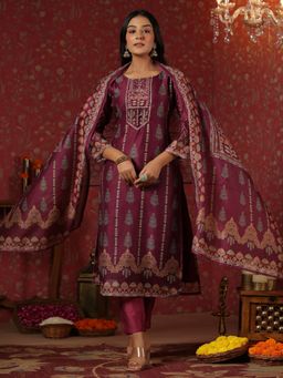 ISHIN - Purple Ethnic Motifs Printed Poly Silk Straight Kurta with Pant & Dupatta (Set of 3)