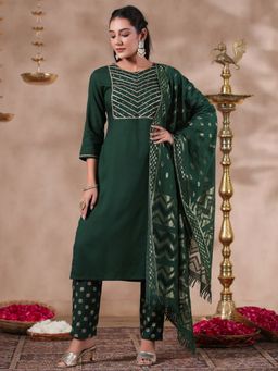 ISHIN - Viscose Rayon Yoke Design Green Straight Kurta with Pant & Dupatta (Set of 3)