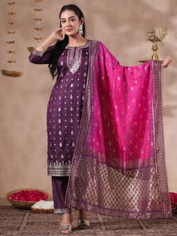 ISHIN - Poly Silk Ethnic Motifs Foil Print Purple Straight Kurta with Pant & Dupatta (Set of 3)